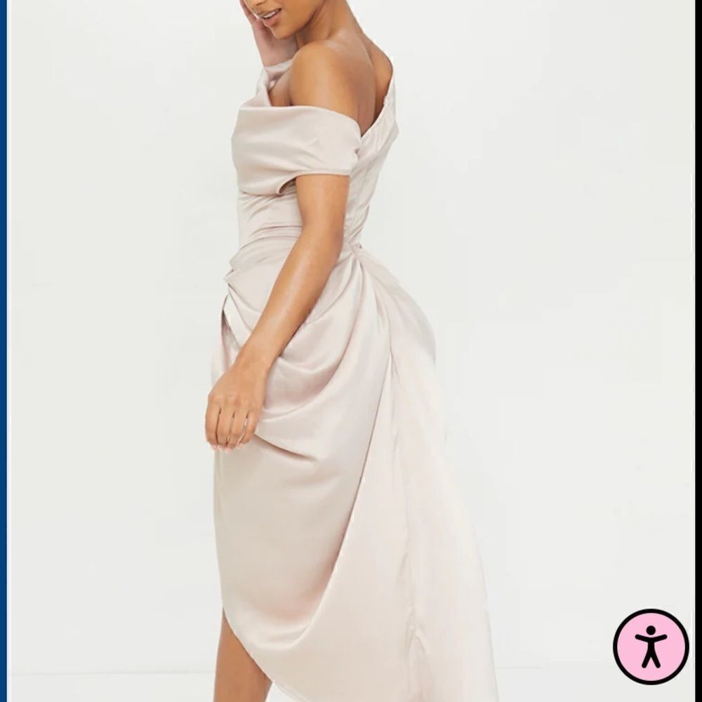 PrettyLittleThing Satin Off-Shoulder Ruched Midi Dress – NWT - Picture 2 of 6